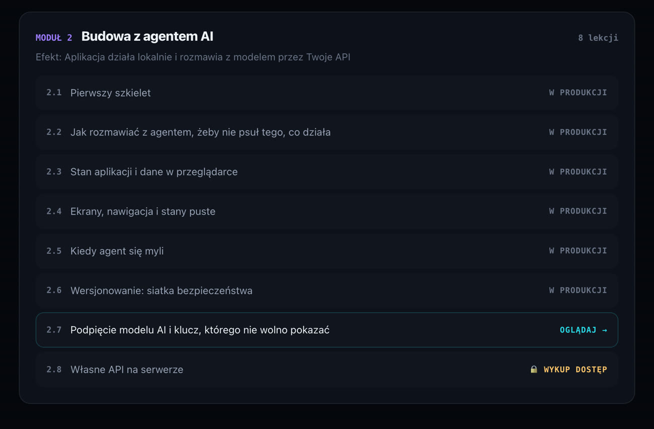 Lista lekcji w module: jedna otwarta, jedna zamknięta na kłódkę, pozostałe w produkcji.