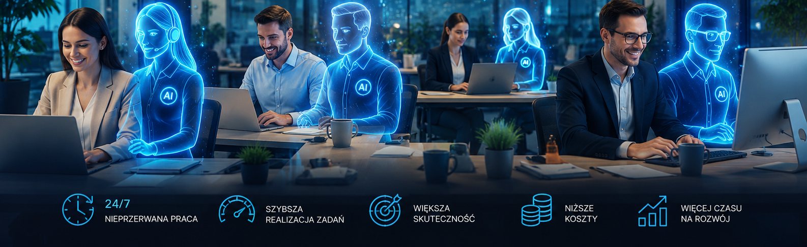 Zespół Ententra: ludzie i agenci AI pracują ramię w ramię. Nieprzerwana praca 24/7, szybsza realizacja zadań, większa skuteczność, niższe koszty i więcej czasu na rozwój.